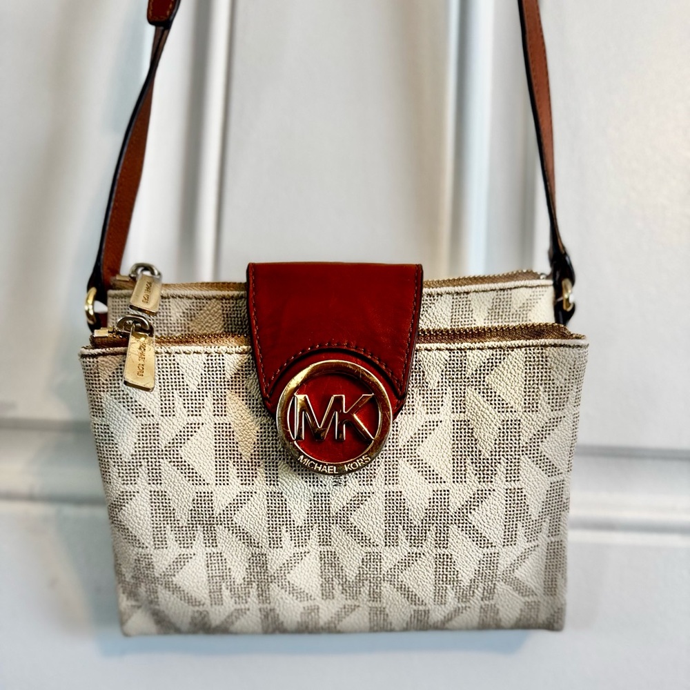 KORS Michael Kors Cream and Brown Crossbody Bag with Monogram Design